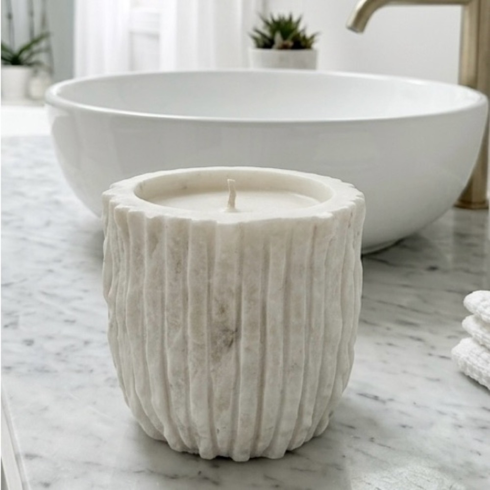 Raw Stone Pillar Candle in Hand-Carved Marble